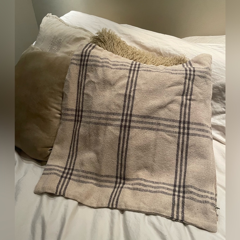 20” square pillow cover.  Light grey plaid on off white/cream 100%woven cotton